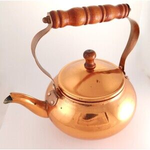 Vintage Copper Tea Kettle with Turned Wood Handle and Brass Knob - MCM Farmhouse